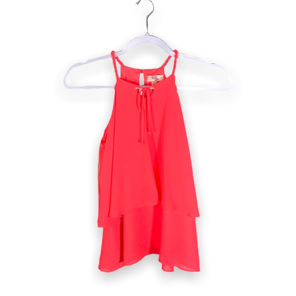 GB Girls Coral Layered Sleeveless Top Braided Straps Bow Neck Girls Size Medium
